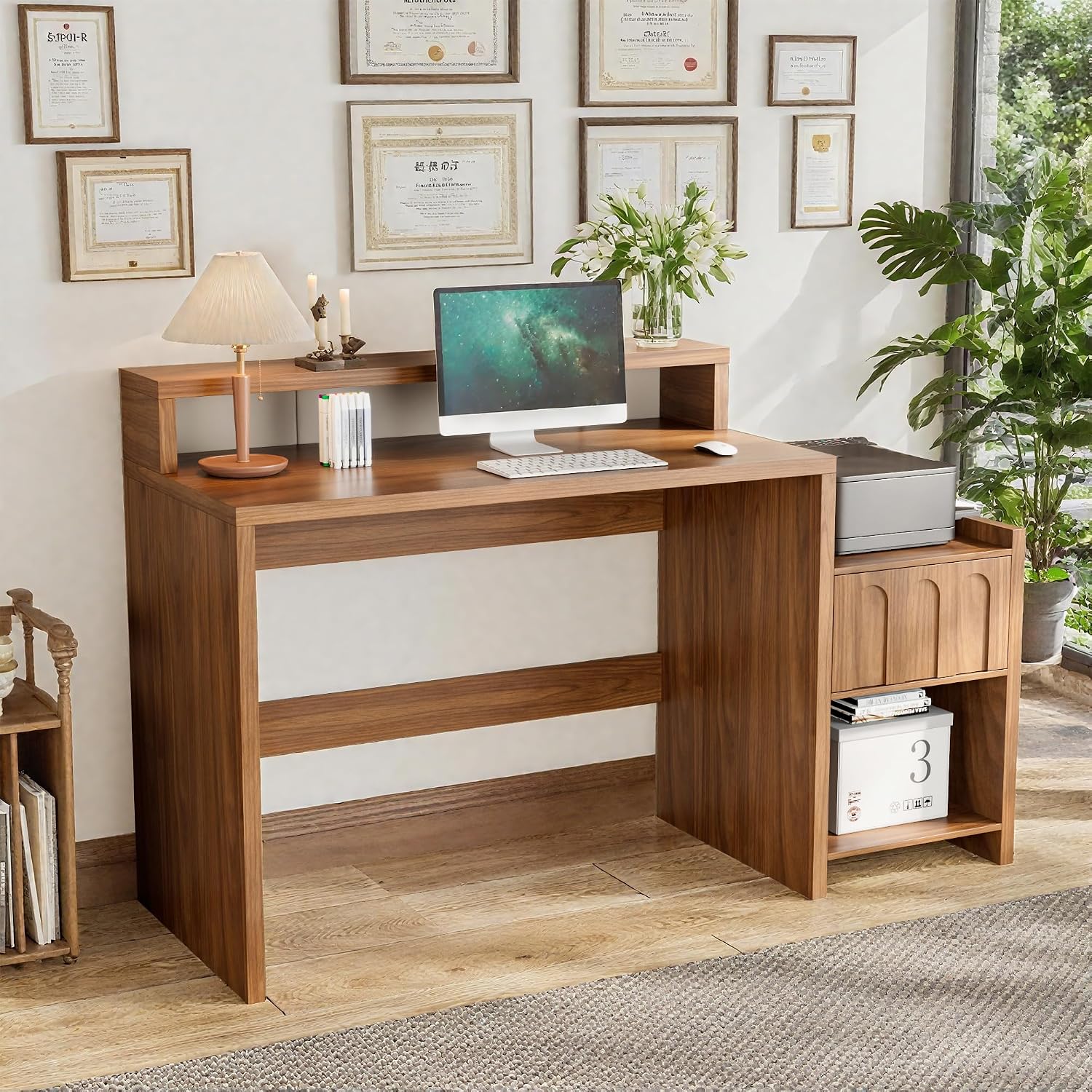 Home Office Work Table - 60 İnç Çekmeceli ve Yazıcı Raflı