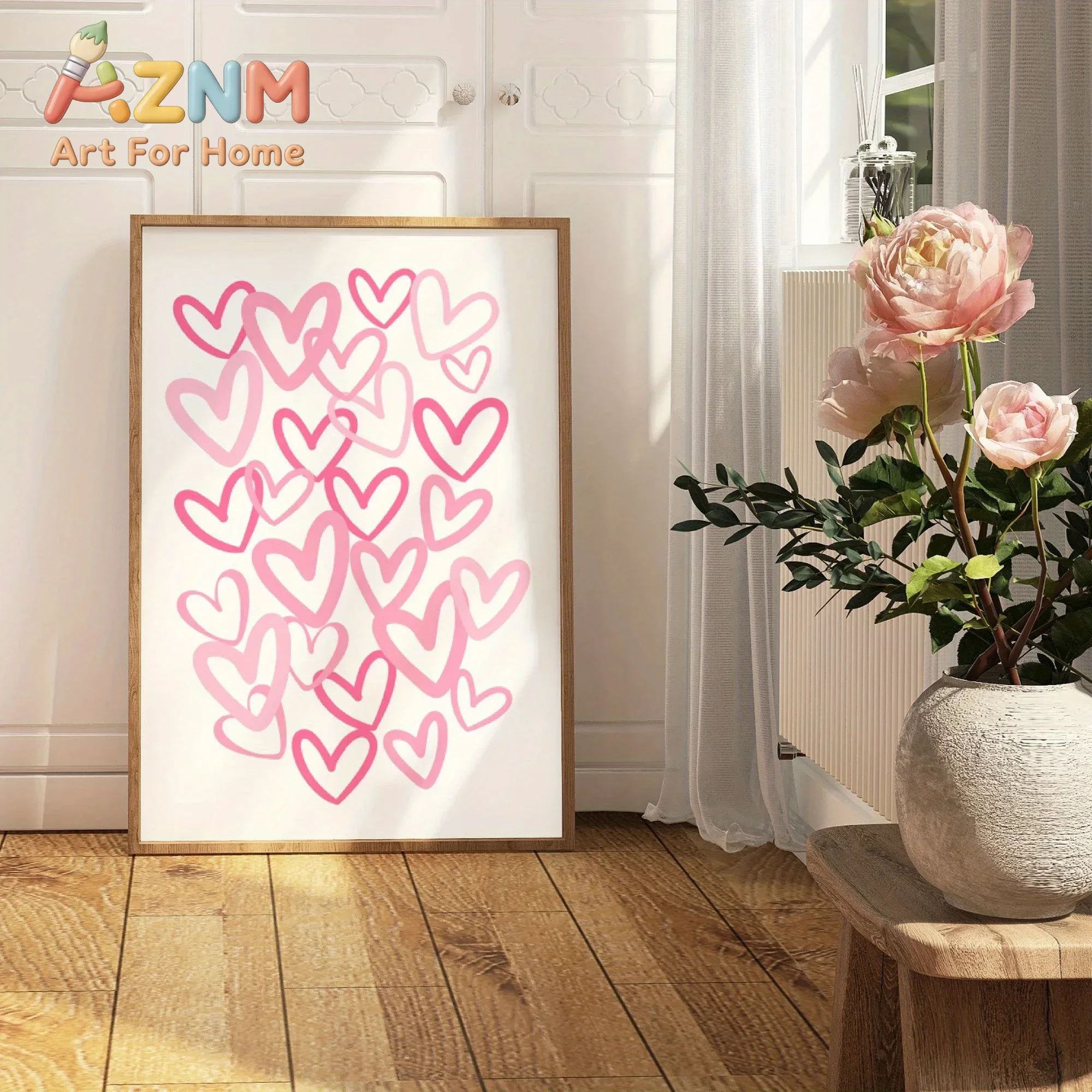 Home Office Room Inspiration - Şık Pembe Kalp Desenli Kanvas Sanat